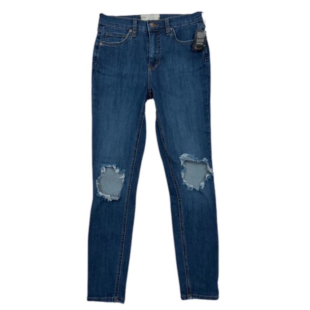 FREE PEOPLE NWT Distressed Busted Knee Stretchy Blue Denim Skinny Jeans Size 28 - Picture 1 of 8